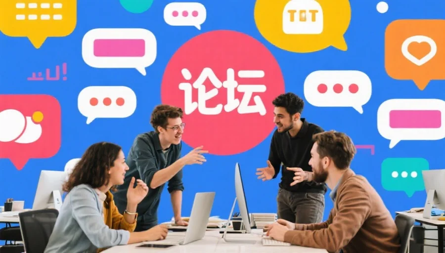 网络社区中，几位用户在电脑旁热烈讨论，背景有醒目的论坛图标和对话气泡